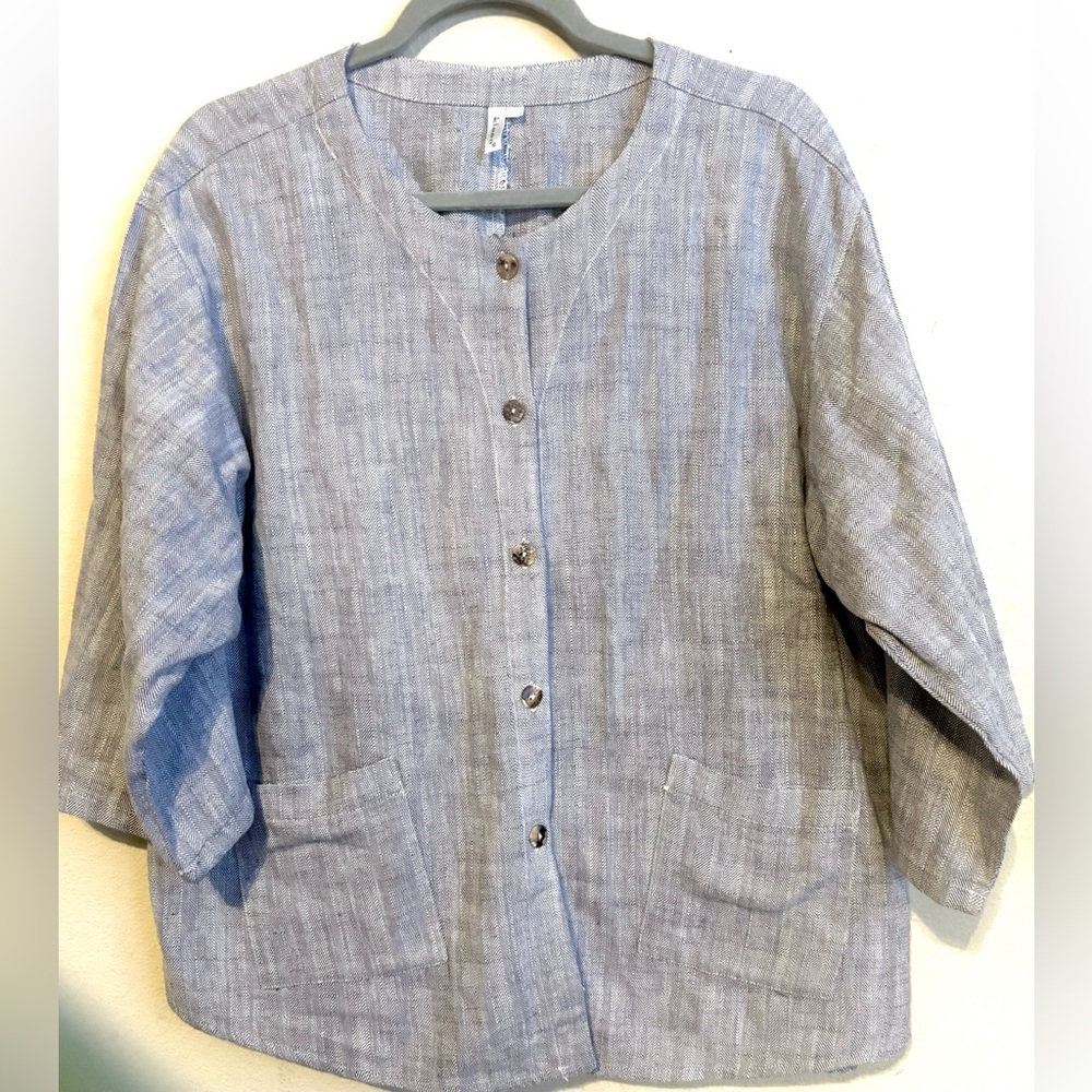 Keen Button Down Tunic Top Linen Cotton chevron Print Sz L Lagenlook Minimalist - Picture 3 of 6